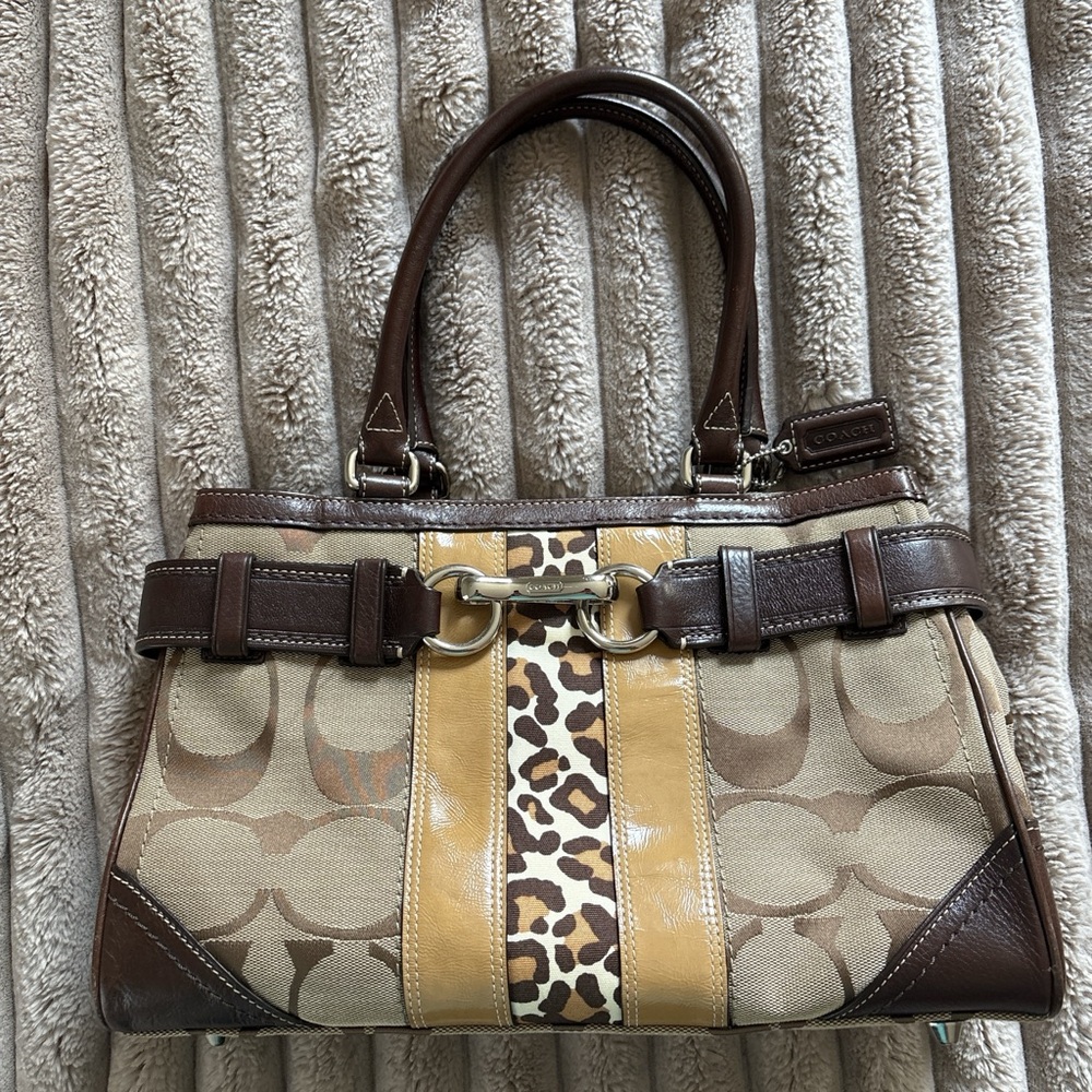 Coach Brown and Tan Shoulder Bag with Animal Print
